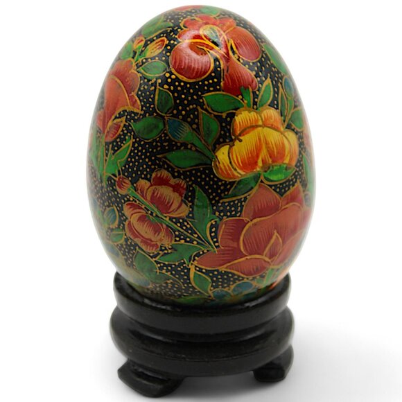 Handmade Floral Papier-Mâché Decorative Egg With Stand From Kashmir India - Picture 3 of 7